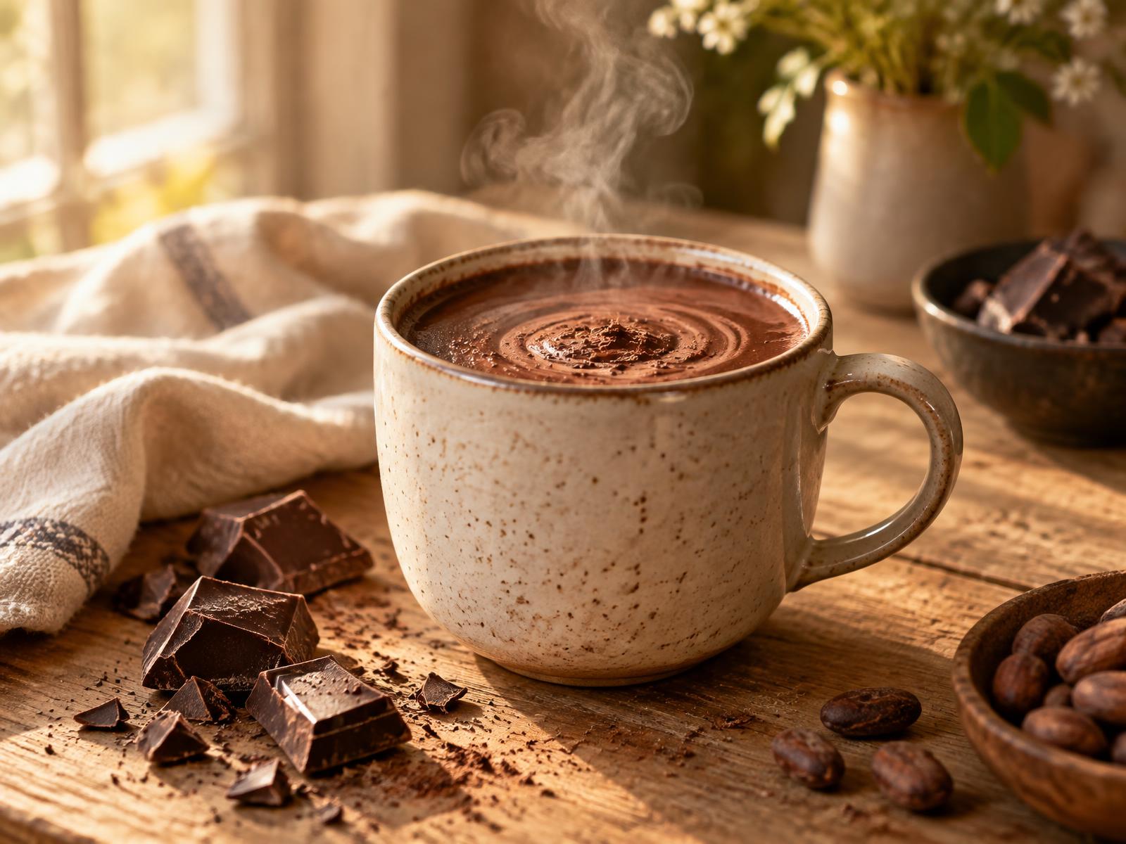 A speckled mug of Rustic Mug hot chocolate on a wooden table