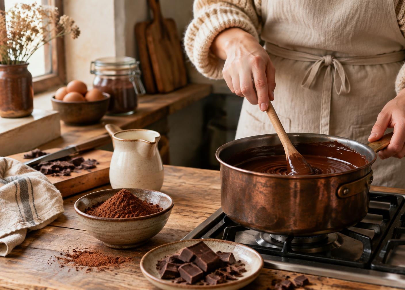 Chocolate being stirred in a rustic kitchen